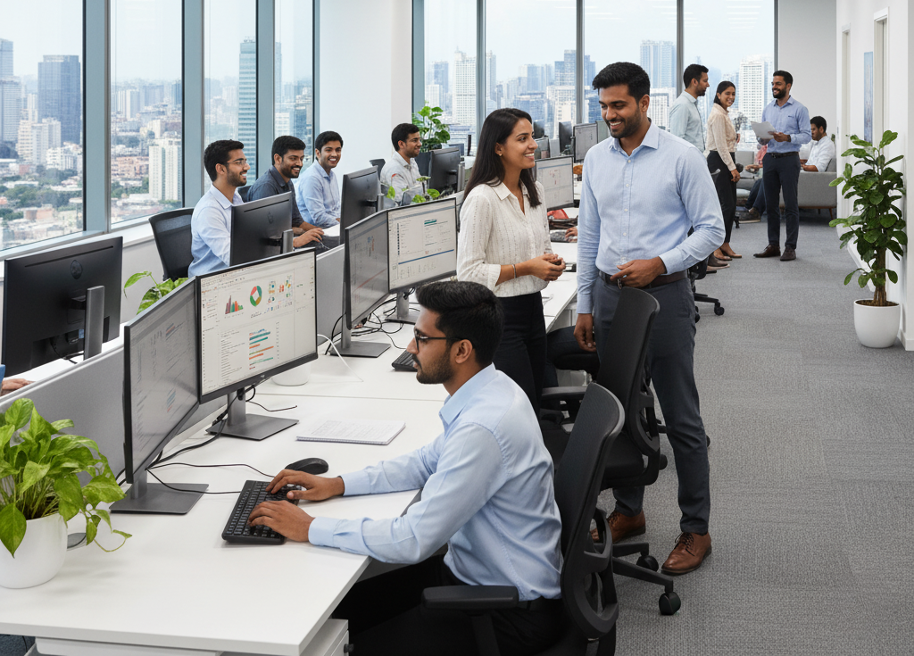 Placement Mumbai professionals actively working in a office setting, showcasing team collaboration.